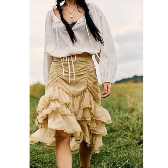 Free People Calliope Ruffle Midi Skirt Sage Medium NWT Ethereal Western Bohemian - Picture 11 of 15